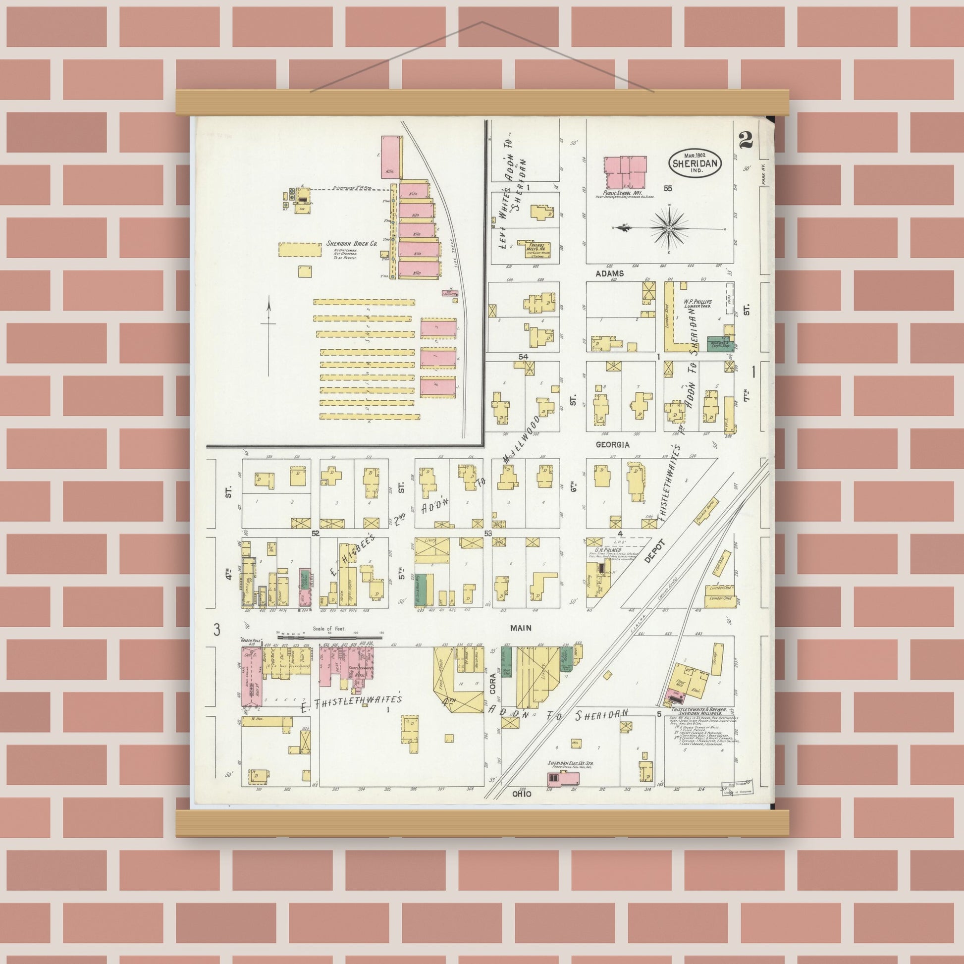 Old map wall art mockup — magnetic wood frame on brick wall — Sanborn Fire Insurance Map from Sheridan, Hamilton County, Indiana (1902), Sheet #0002