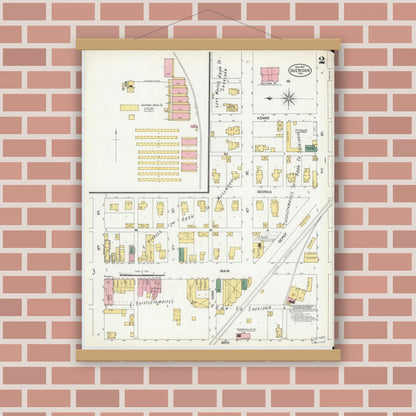 Old map wall art mockup — magnetic wood frame on brick wall — Sanborn Fire Insurance Map from Sheridan, Hamilton County, Indiana (1902), Sheet #0002