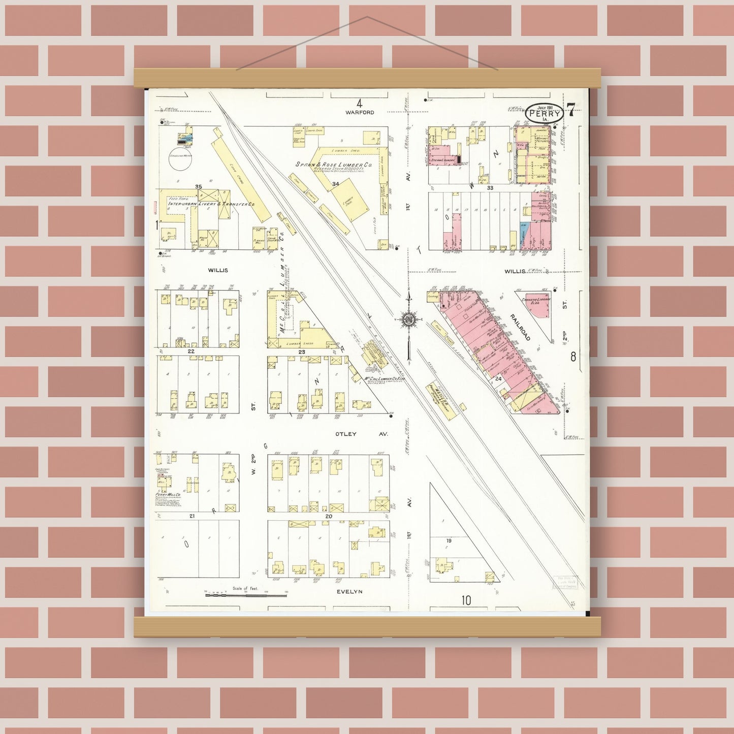 Old map wall art mockup — magnetic wood frame on brick wall — Sanborn Fire Insurance Map from Perry, Dallas County, Iowa (1911), Sheet #0007