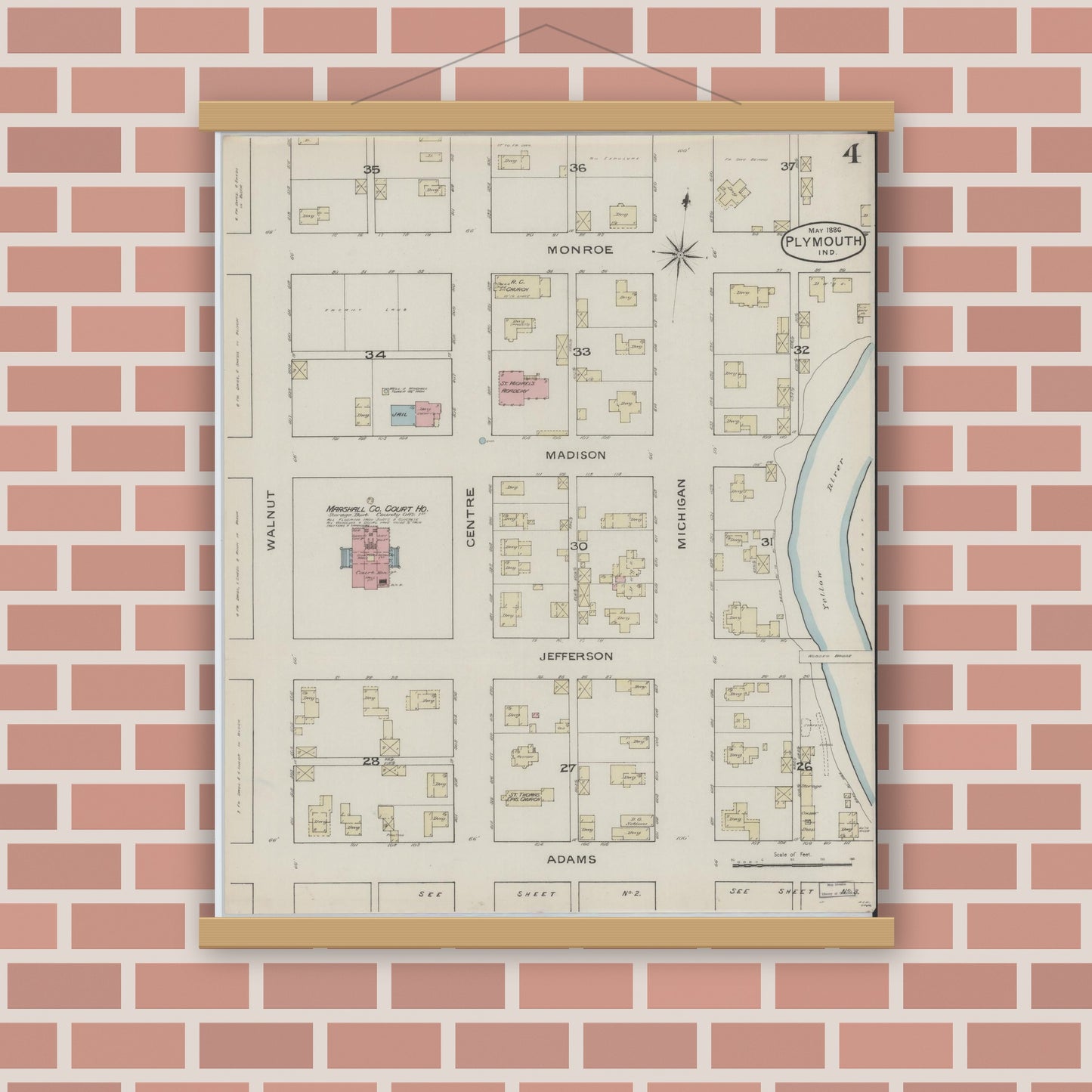 Old map wall art mockup — magnetic wood frame on brick wall — Sanborn Fire Insurance Map from Plymouth, Marhshall County, Indiana (1886), Sheet #0004