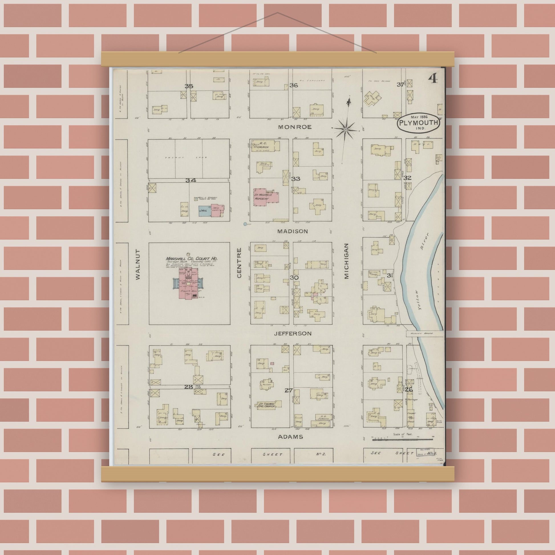 Old map wall art mockup — magnetic wood frame on brick wall — Sanborn Fire Insurance Map from Plymouth, Marhshall County, Indiana (1886), Sheet #0004