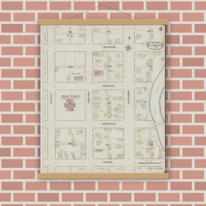 Old map wall art mockup — magnetic wood frame on brick wall — Sanborn Fire Insurance Map from Plymouth, Marhshall County, Indiana (1886), Sheet #0004