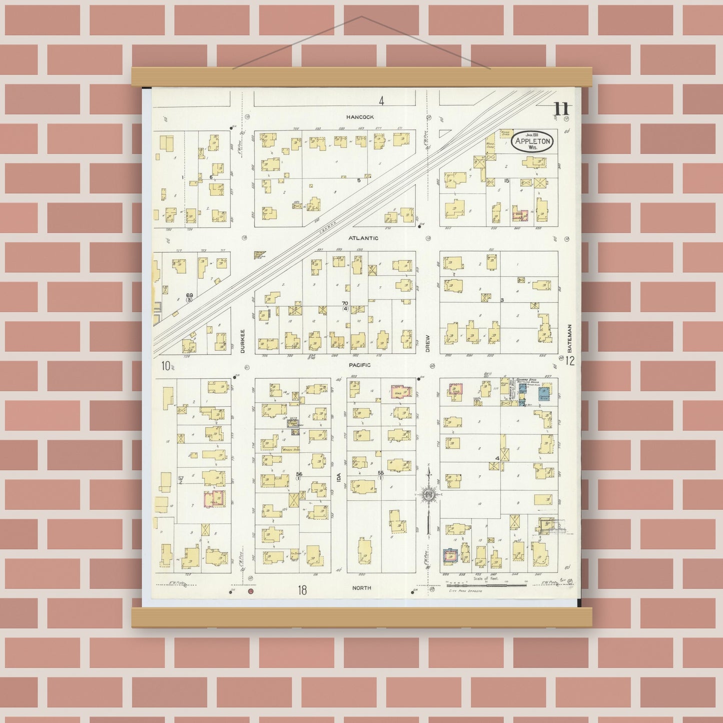 Old map wall art mockup — magnetic wood frame on brick wall — Sanborn Fire Insurance Map from Appleton, Outagamie County, Wisconsin (1911), Sheet #0011