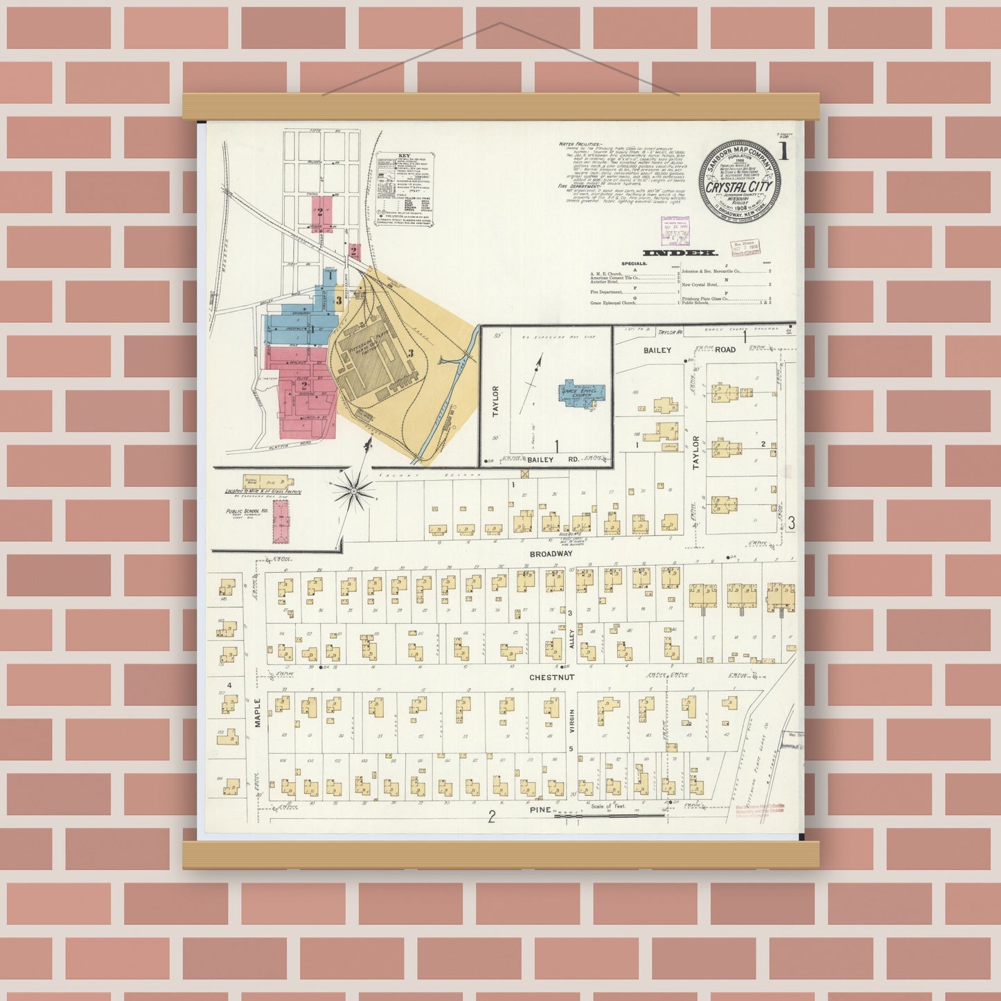 Old map wall art mockup — magnetic wood frame on brick wall — Sanborn Fire Insurance Map from Crystal City, Jefferson County, Missouri (1908) - Complete Map Set