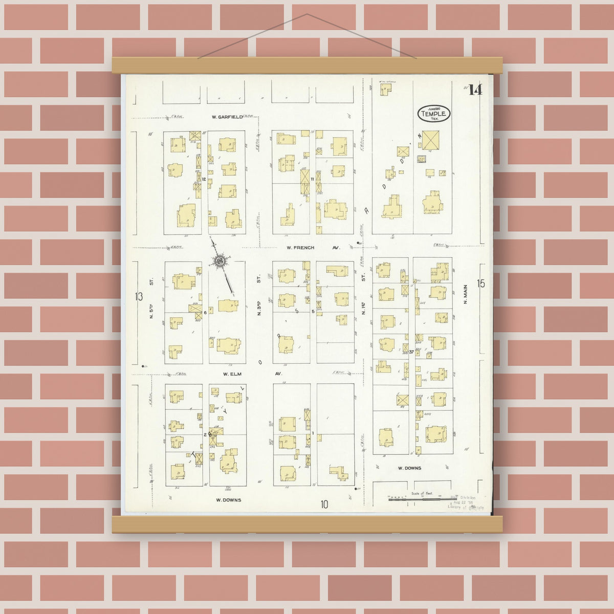 Old map wall art mockup — magnetic wood frame on brick wall — Sanborn Fire Insurance Map from Temple, Bell County, Texas (1910), Sheet #0014