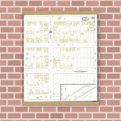 Old map wall art mockup — magnetic wood frame on brick wall — Sanborn Fire Insurance Map from Clinton, Clinton County, Iowa (1917), Sheet #0024