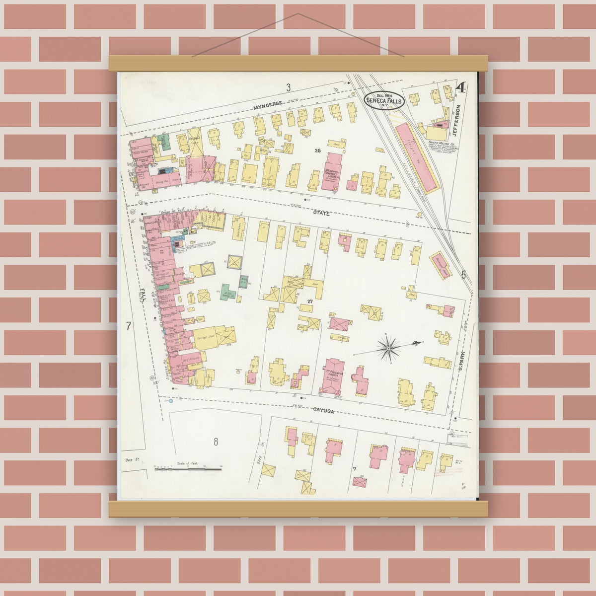 Old map wall art mockup — magnetic wood frame on brick wall — Sanborn Fire Insurance Map from Seneca Falls, Seneca County, New York (1904), Sheet #0004