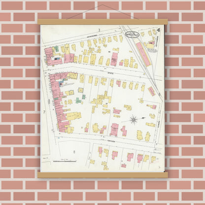 Old map wall art mockup — magnetic wood frame on brick wall — Sanborn Fire Insurance Map from Seneca Falls, Seneca County, New York (1904), Sheet #0004