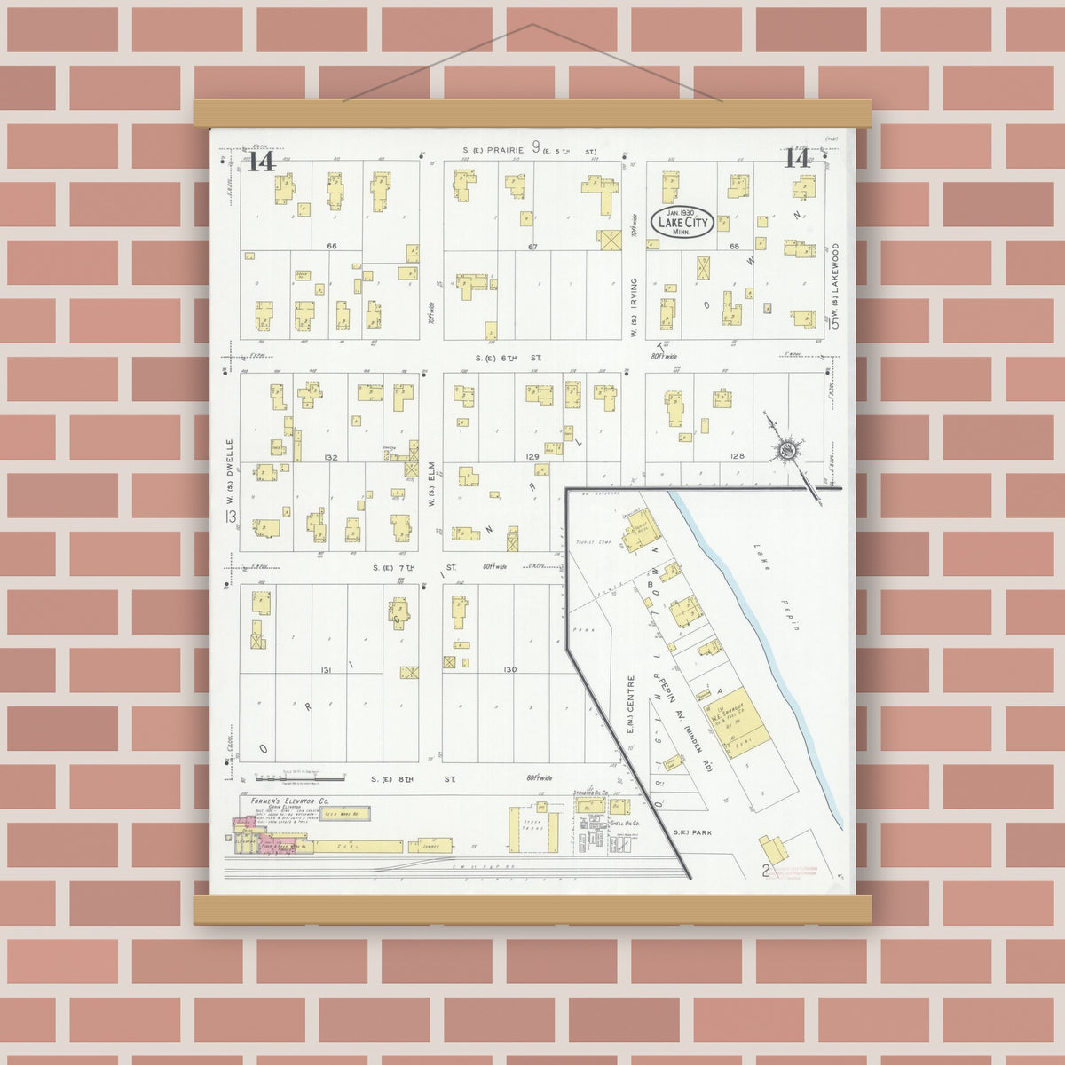 Old map wall art mockup — magnetic wood frame on brick wall — Sanborn Fire Insurance Map from Lake City, Wabasha County, Minnesota (1930), Sheet #0014