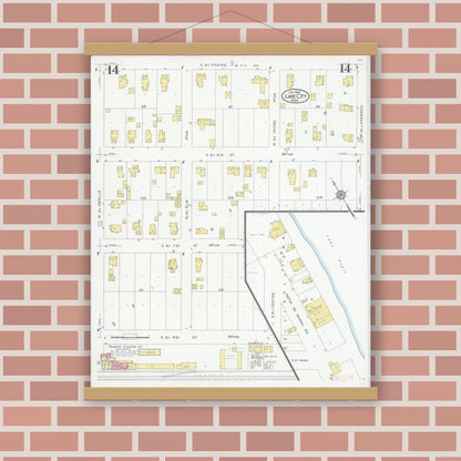 Old map wall art mockup — magnetic wood frame on brick wall — Sanborn Fire Insurance Map from Lake City, Wabasha County, Minnesota (1930), Sheet #0014