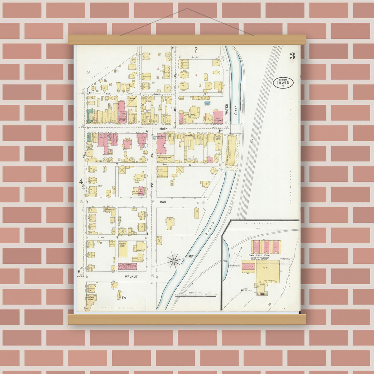 Old map wall art mockup — magnetic wood frame on brick wall — Sanborn Fire Insurance Map from Irwin, Westmoreland County, Pennsylvania (1899), Sheet #0003