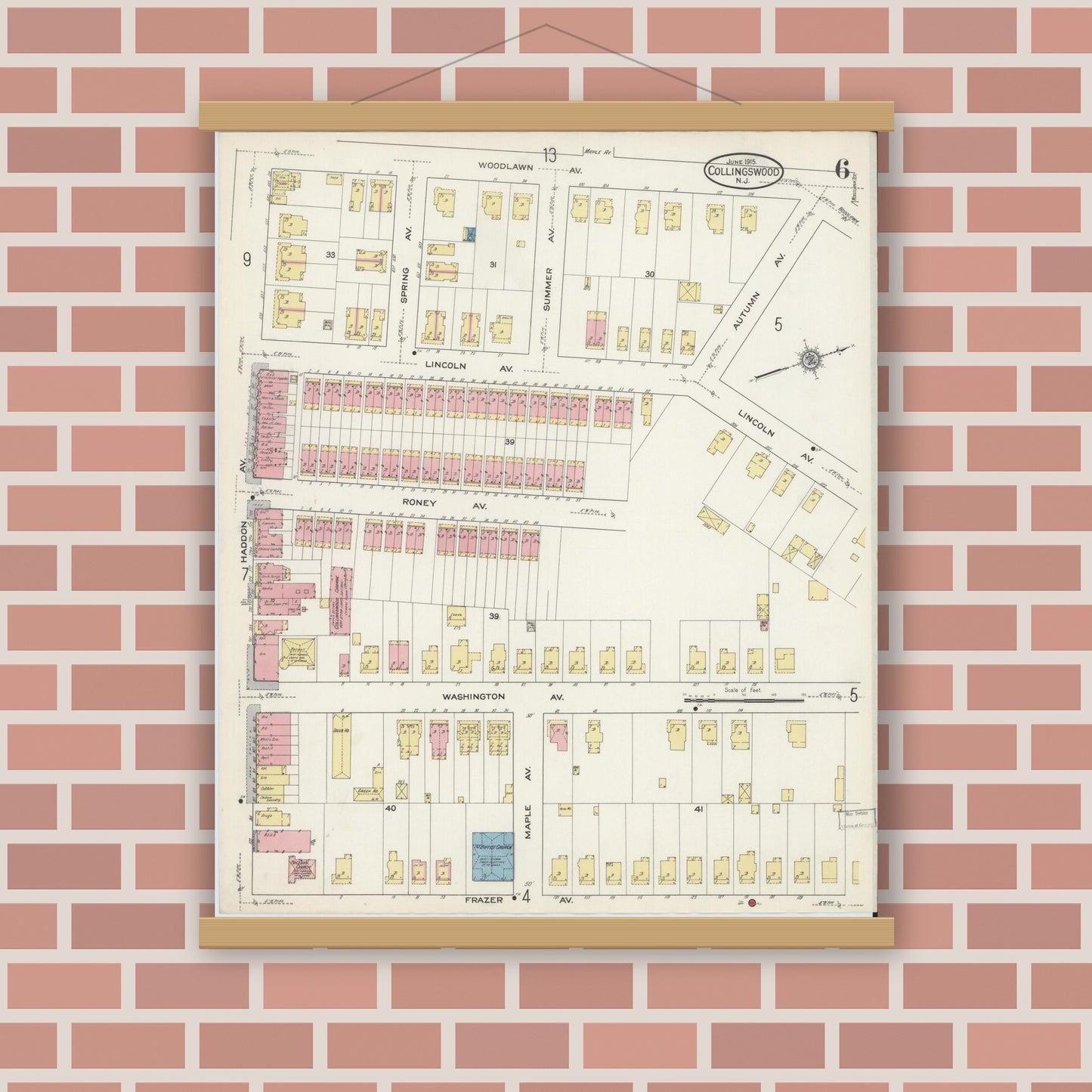 Old map wall art mockup — magnetic wood frame on brick wall — Sanborn Fire Insurance Map from Collingswood, Camden County, New Jersey (1915), Sheet #0006