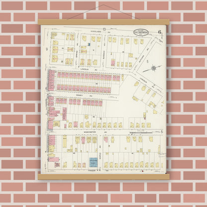 Old map wall art mockup — magnetic wood frame on brick wall — Sanborn Fire Insurance Map from Collingswood, Camden County, New Jersey (1915), Sheet #0006