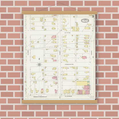 Old map wall art mockup — magnetic wood frame on brick wall — Sanborn Fire Insurance Map from Tipton, Tipton County, Indiana (1896), Sheet #0005