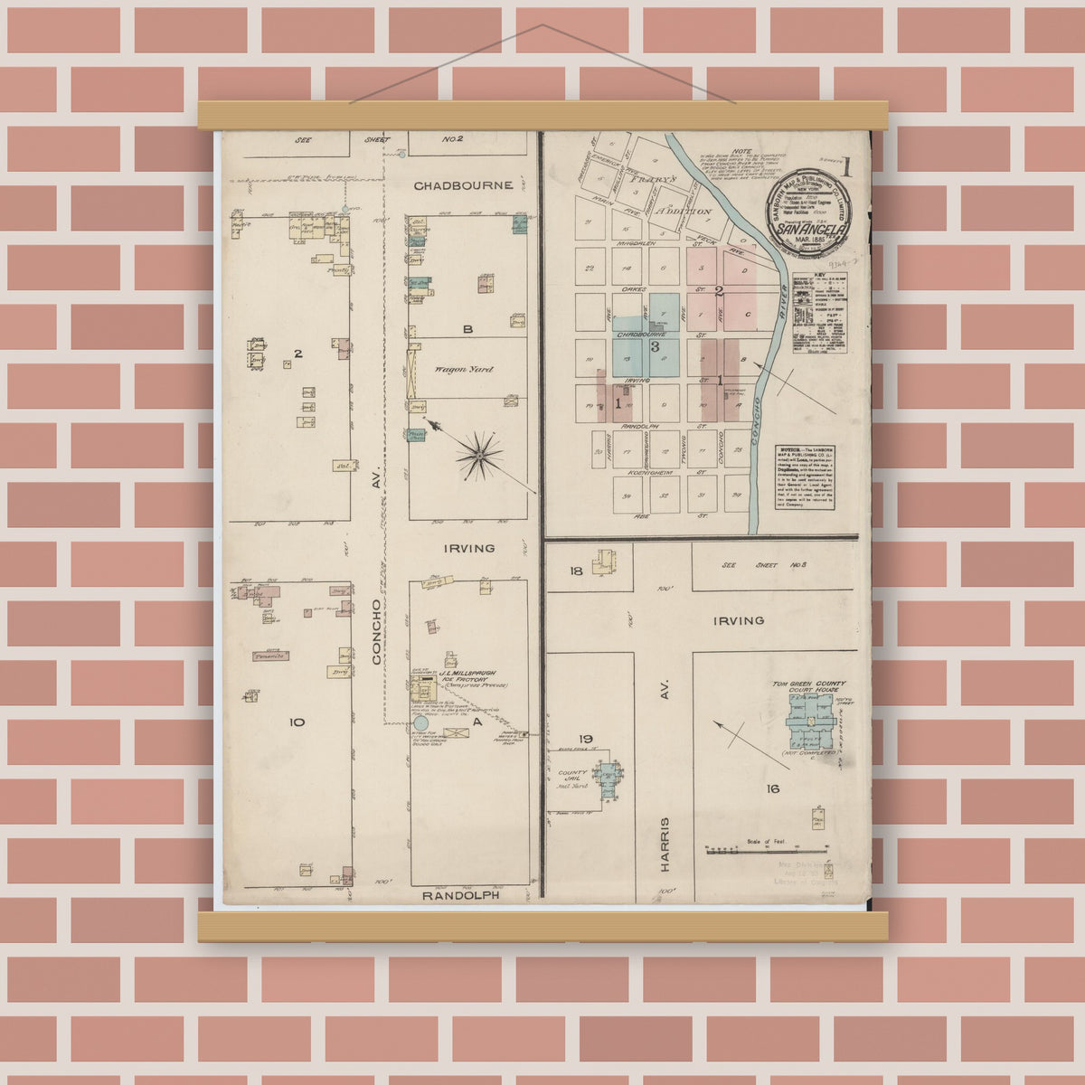 Old map wall art mockup — magnetic wood frame on brick wall — Sanborn Fire Insurance Map from San Angelo, Tom Green County, Texas (1885), Sheet #0001