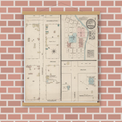 Old map wall art mockup — magnetic wood frame on brick wall — Sanborn Fire Insurance Map from San Angelo, Tom Green County, Texas (1885), Sheet #0001