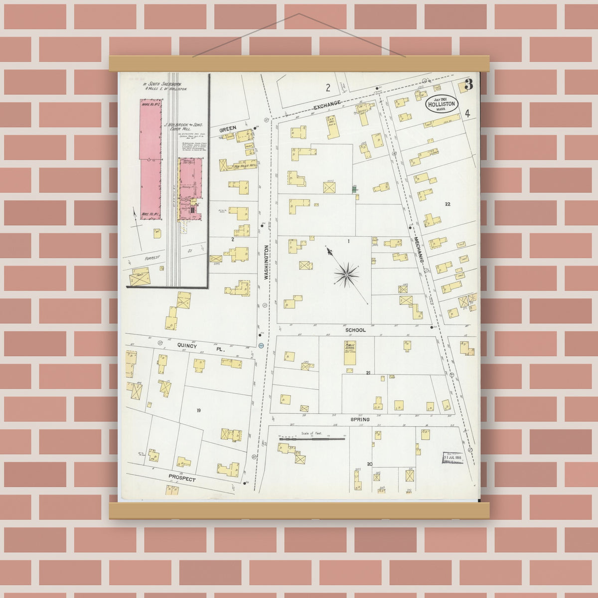 Old map wall art mockup — magnetic wood frame on brick wall — Sanborn Fire Insurance Map from Holliston, Middlesex County, Massachusetts (1901), Sheet #0003