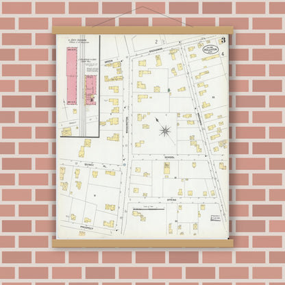 Old map wall art mockup — magnetic wood frame on brick wall — Sanborn Fire Insurance Map from Holliston, Middlesex County, Massachusetts (1901), Sheet #0003