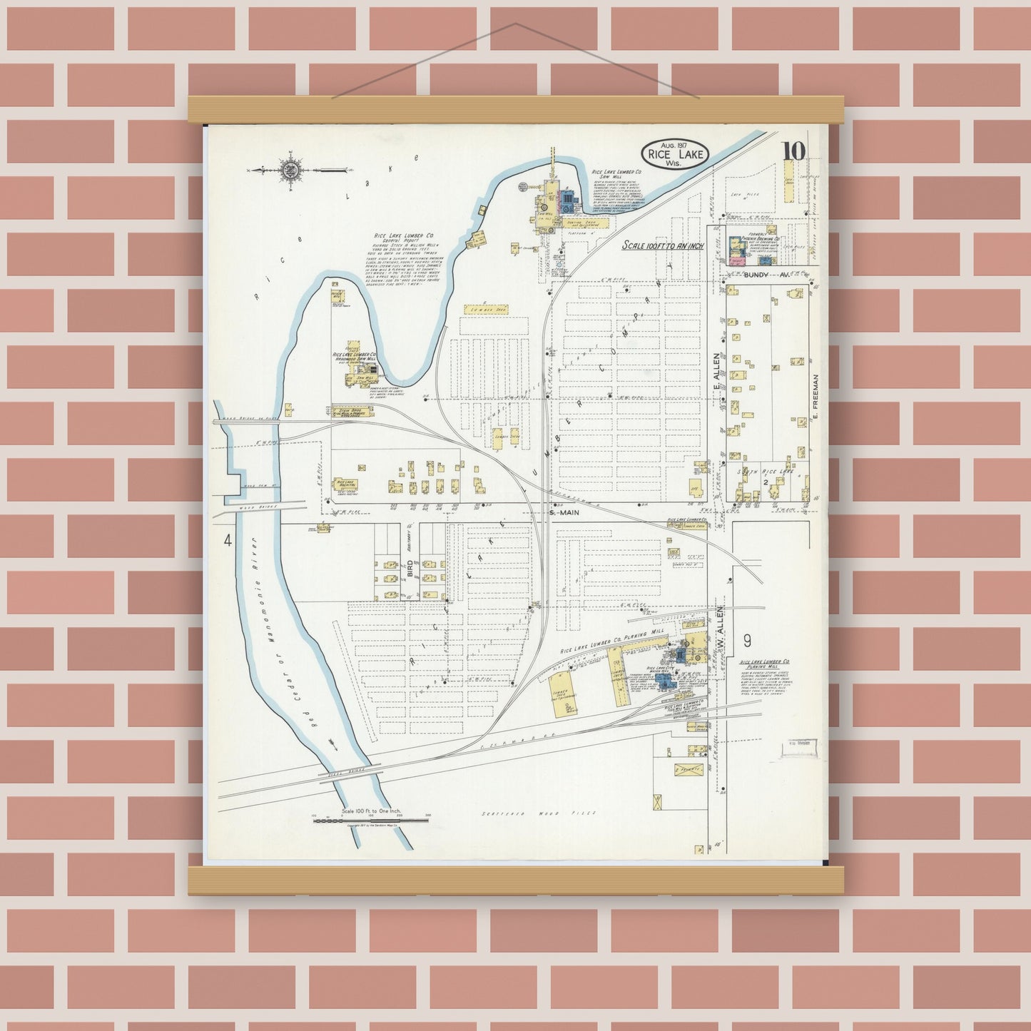 Old map wall art mockup — magnetic wood frame on brick wall — Sanborn Fire Insurance Map from Rice Lake, Barron County, Wisconsin (1917), Sheet #0010