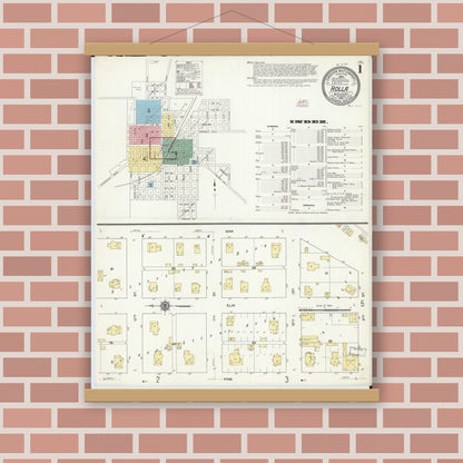 Old map wall art mockup — magnetic wood frame on brick wall — Sanborn Fire Insurance Map from Rolla, Phelps County, Missouri (1910) - Complete Map Set