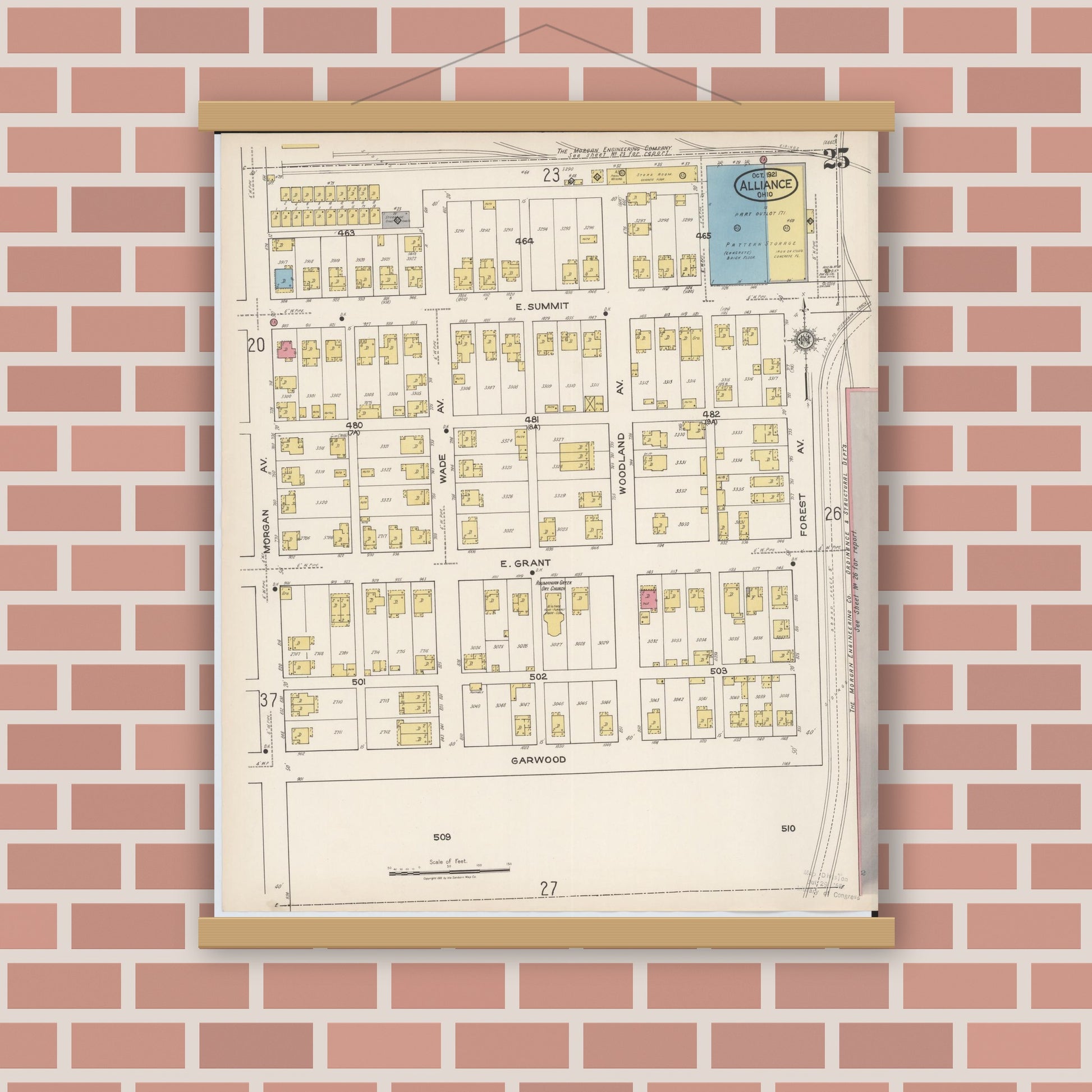 Old map wall art mockup — magnetic wood frame on brick wall — Sanborn Fire Insurance Map from Alliance, Stark County, Ohio (1921), Sheet #0025