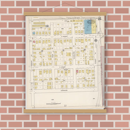 Old map wall art mockup — magnetic wood frame on brick wall — Sanborn Fire Insurance Map from Alliance, Stark County, Ohio (1921), Sheet #0025