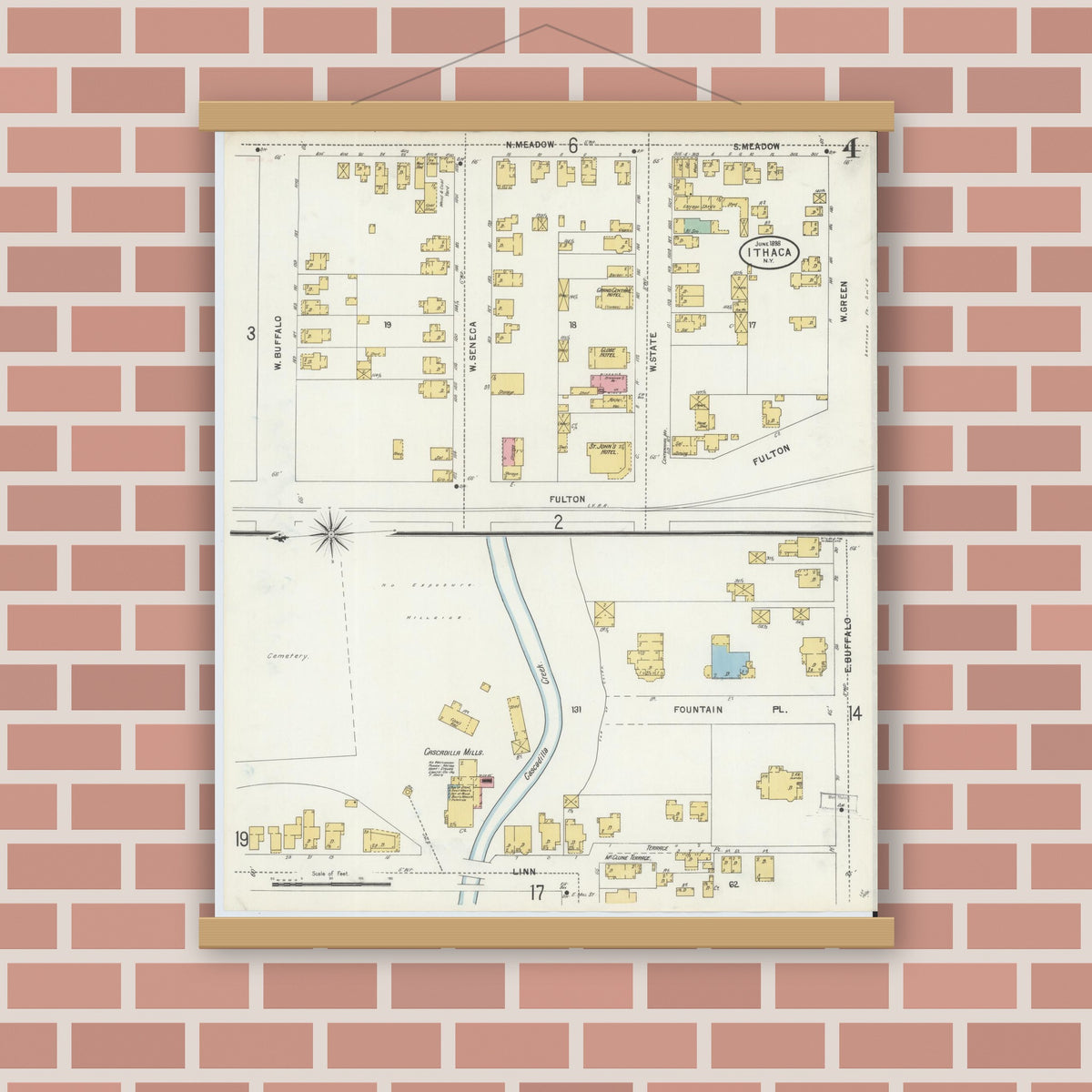 Old map wall art mockup — magnetic wood frame on brick wall — Sanborn Fire Insurance Map from Ithaca, Tompkins County, New York (1898), Sheet #0004