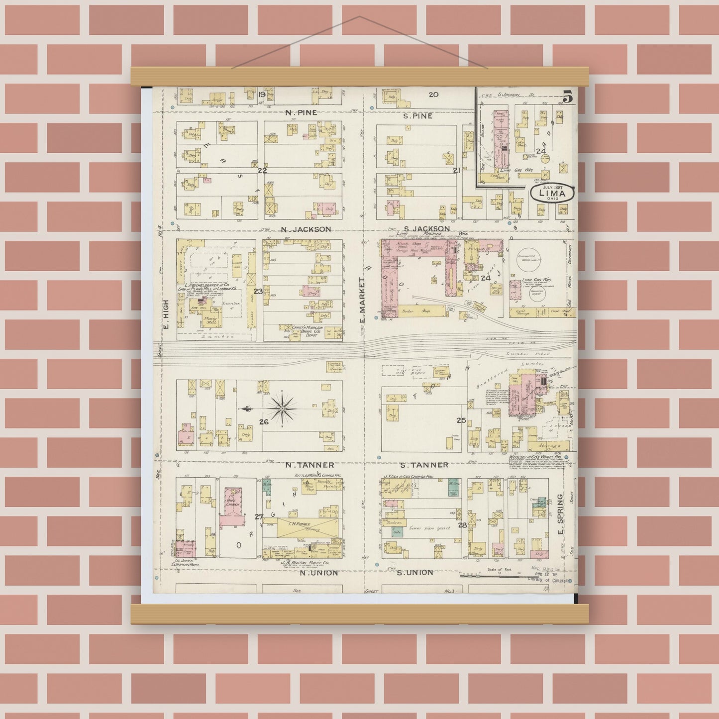 Old map wall art mockup — magnetic wood frame on brick wall — Sanborn Fire Insurance Map from Lima, Allen County, Ohio (1887), Sheet #0005