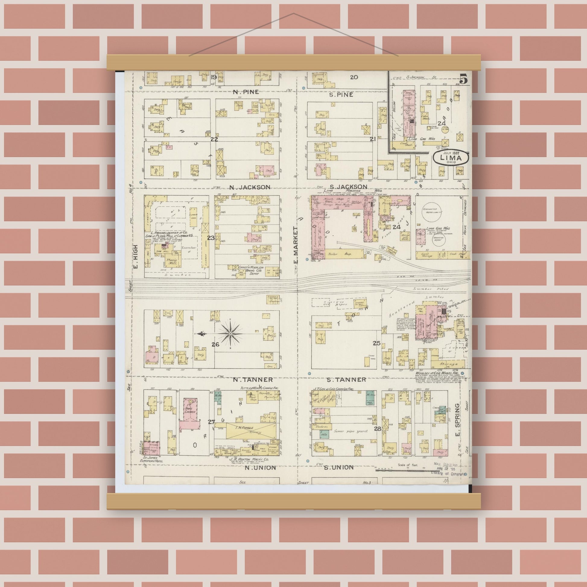 Old map wall art mockup — magnetic wood frame on brick wall — Sanborn Fire Insurance Map from Lima, Allen County, Ohio (1887), Sheet #0005