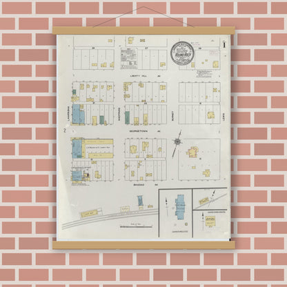 Old map wall art mockup — magnetic wood frame on brick wall — Sanborn Fire Insurance Map from Round Rock, Williamson County, Texas (1909), Sheet #0001