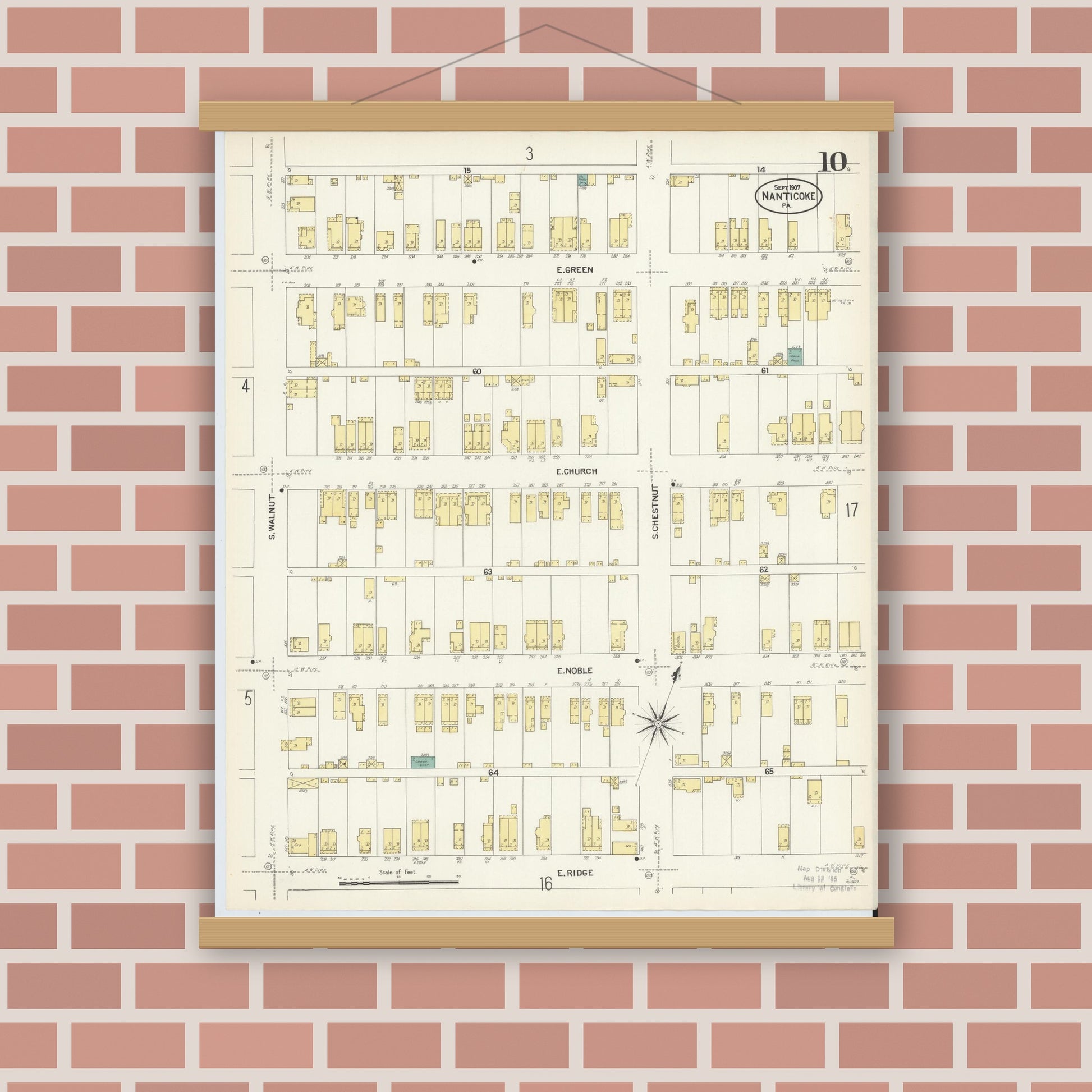 Old map wall art mockup — magnetic wood frame on brick wall — Sanborn Fire Insurance Map from Nanticoke, Luzerne County, Pennsylvania (1907), Sheet #0010