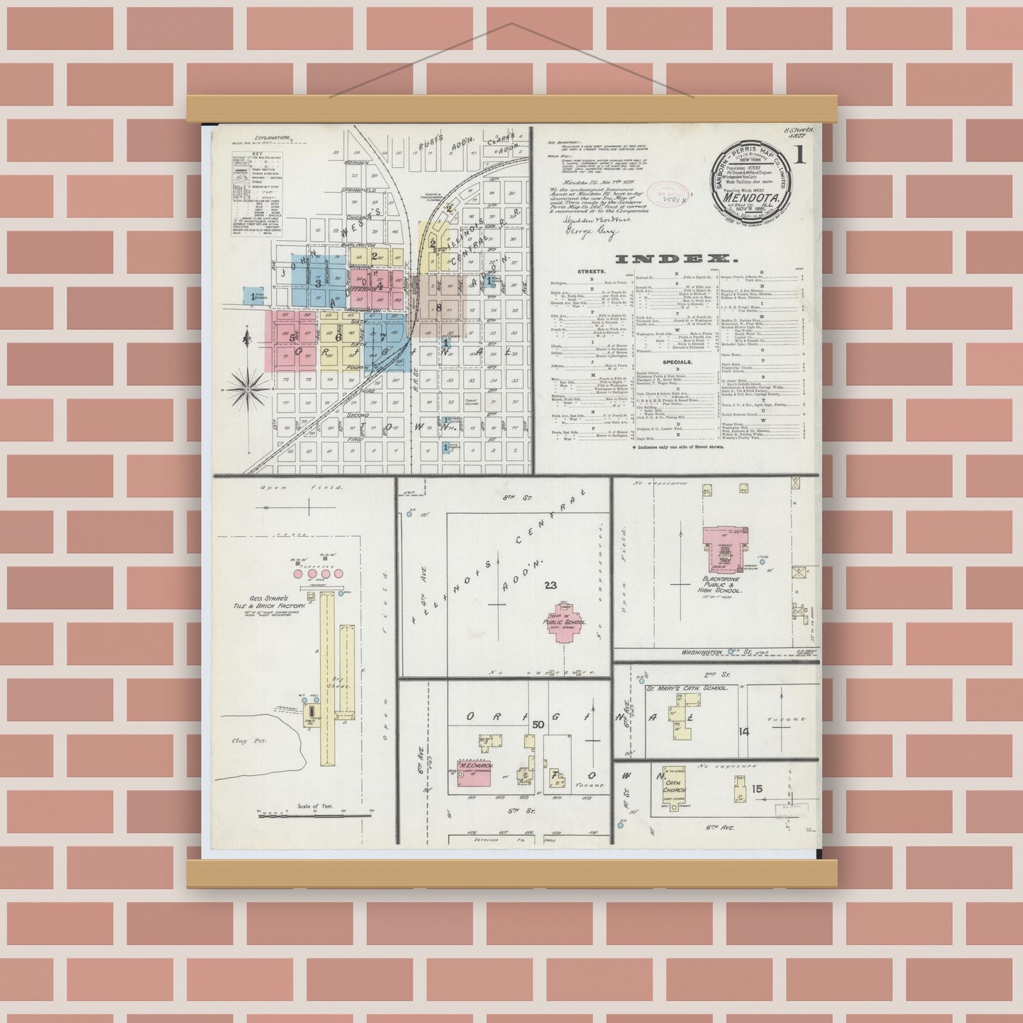 Old map wall art mockup — magnetic wood frame on brick wall — Sanborn Fire Insurance Map from Mendota, La Salle County, Illinois (1891) - Complete Map Set