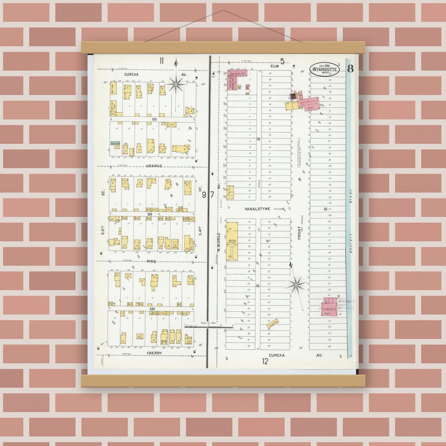 Old map wall art mockup — magnetic wood frame on brick wall — Sanborn Fire Insurance Map from Wyandotte, Wayne County, Michigan (1900), Sheet #0008