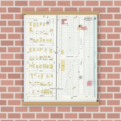 Old map wall art mockup — magnetic wood frame on brick wall — Sanborn Fire Insurance Map from Wyandotte, Wayne County, Michigan (1900), Sheet #0008