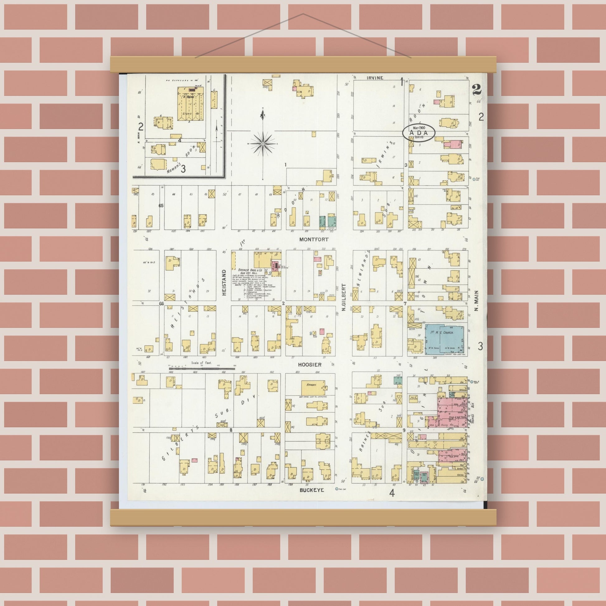 Old map wall art mockup — magnetic wood frame on brick wall — Sanborn Fire Insurance Map from Ada, Hardin County, Ohio (1900), Sheet #0002
