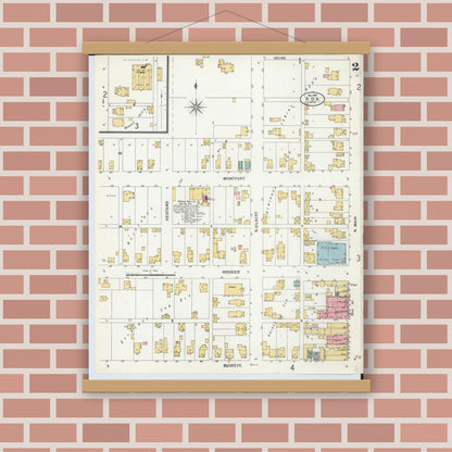 Old map wall art mockup — magnetic wood frame on brick wall — Sanborn Fire Insurance Map from Ada, Hardin County, Ohio (1900), Sheet #0002