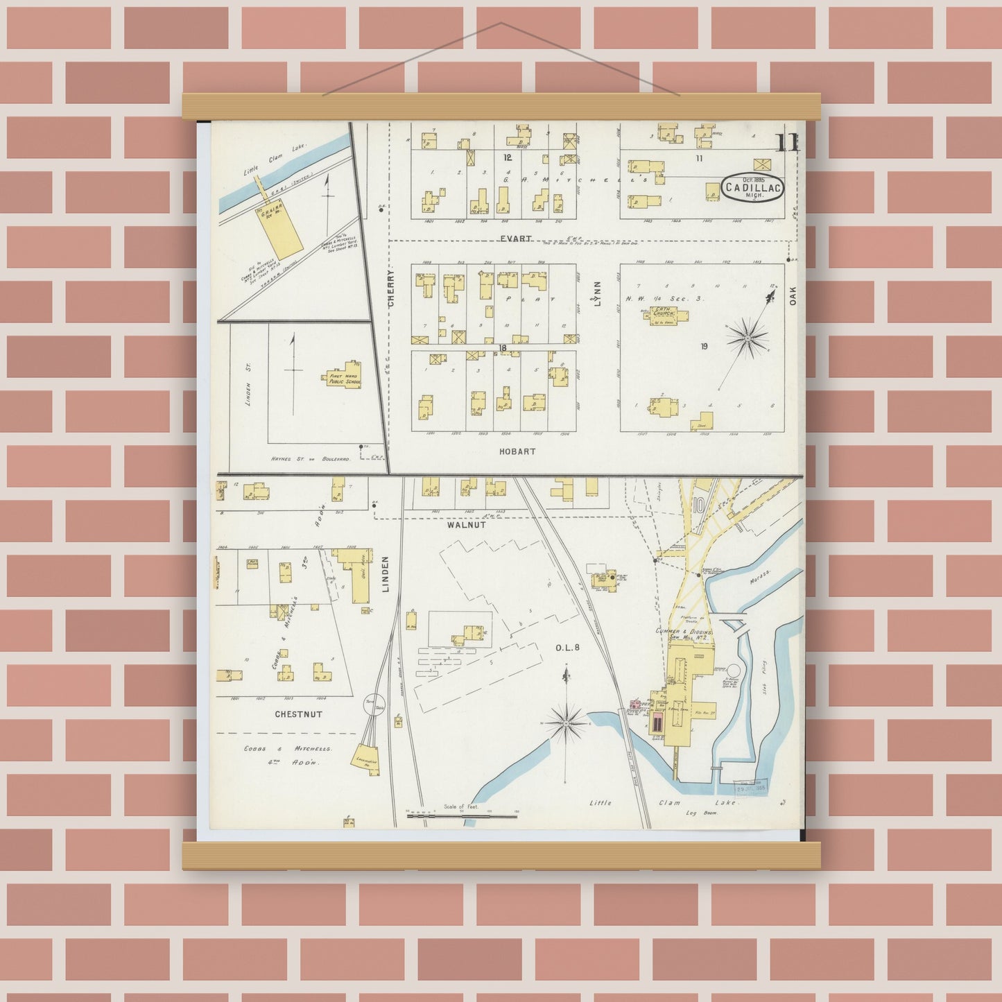 Old map wall art mockup — magnetic wood frame on brick wall — Sanborn Fire Insurance Map from Cadillac, Wexford County, Michigan (1895), Sheet #0011