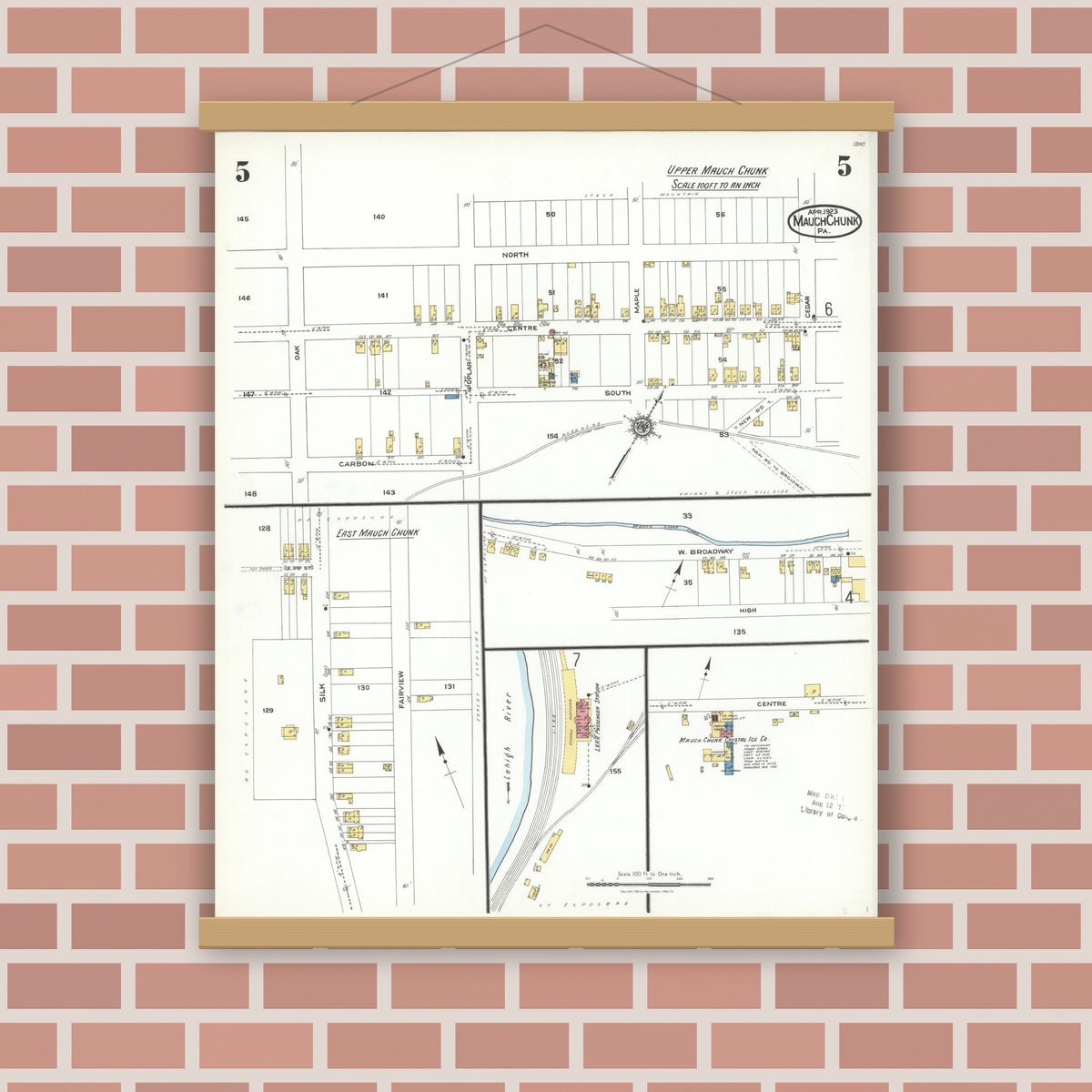 Old map wall art mockup — magnetic wood frame on brick wall — Sanborn Fire Insurance Map from Mauch Chunk, Carbon County, Pennsylvania (1923), Sheet #0005