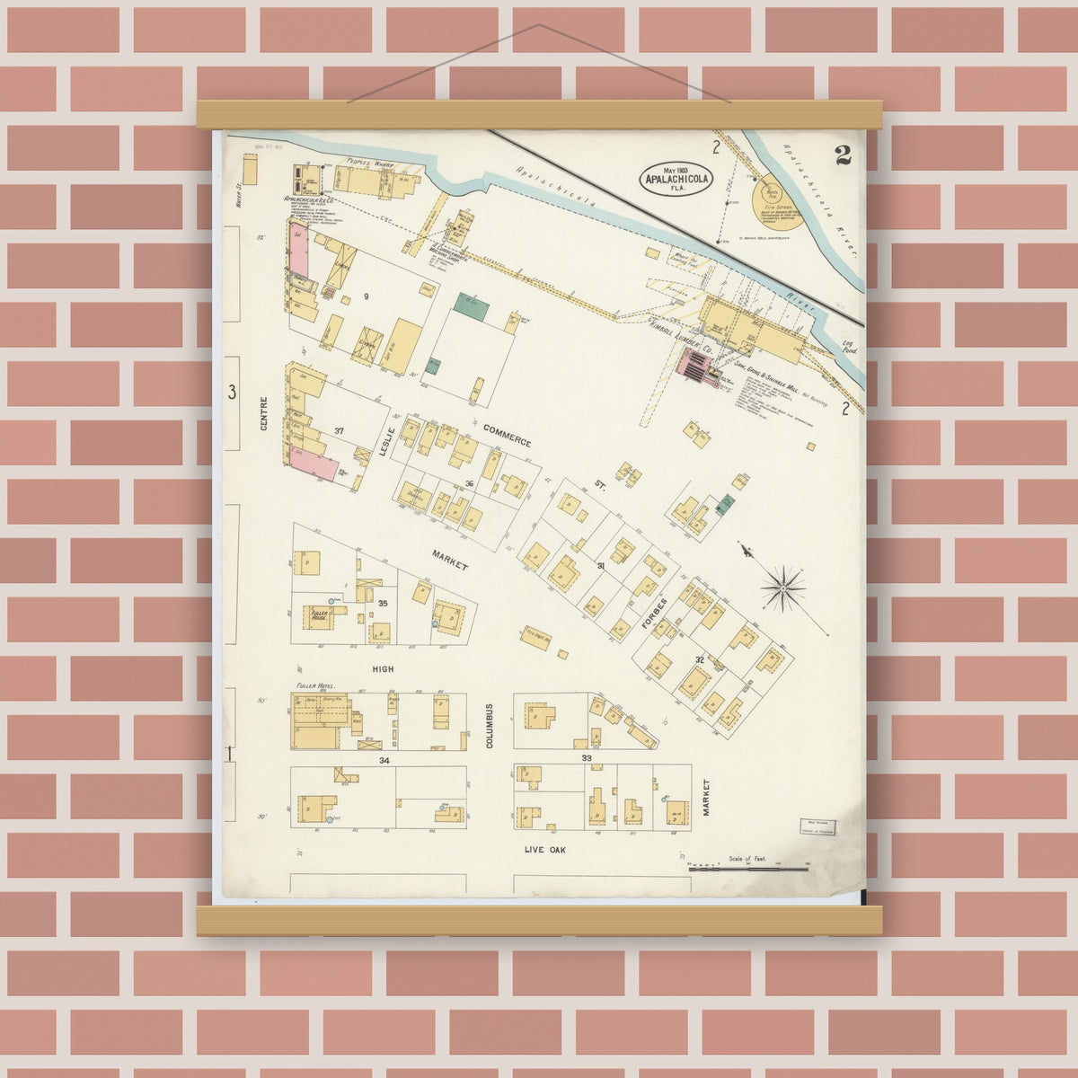 Old map wall art mockup — magnetic wood frame on brick wall — Sanborn Fire Insurance Map from Apalachicola, Franklin County, Florida (1903), Sheet #0002