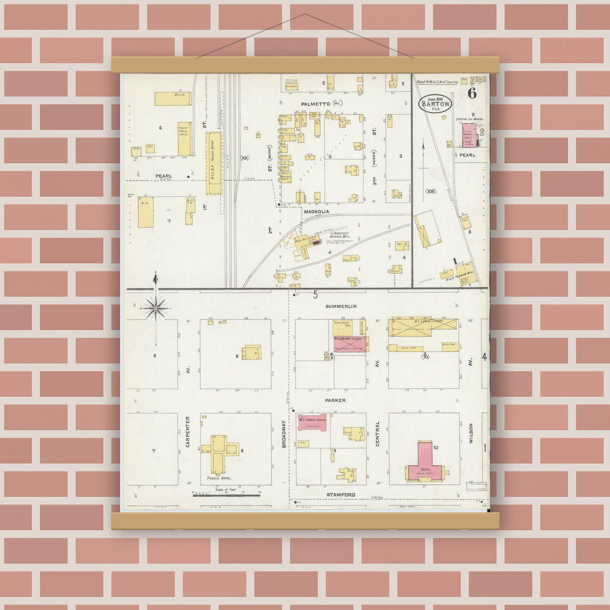 Old map wall art mockup — magnetic wood frame on brick wall — Sanborn Fire Insurance Map from Bartow, Polk County, Florida (1906), Sheet #0006