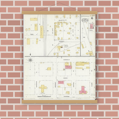 Old map wall art mockup — magnetic wood frame on brick wall — Sanborn Fire Insurance Map from Bartow, Polk County, Florida (1906), Sheet #0006