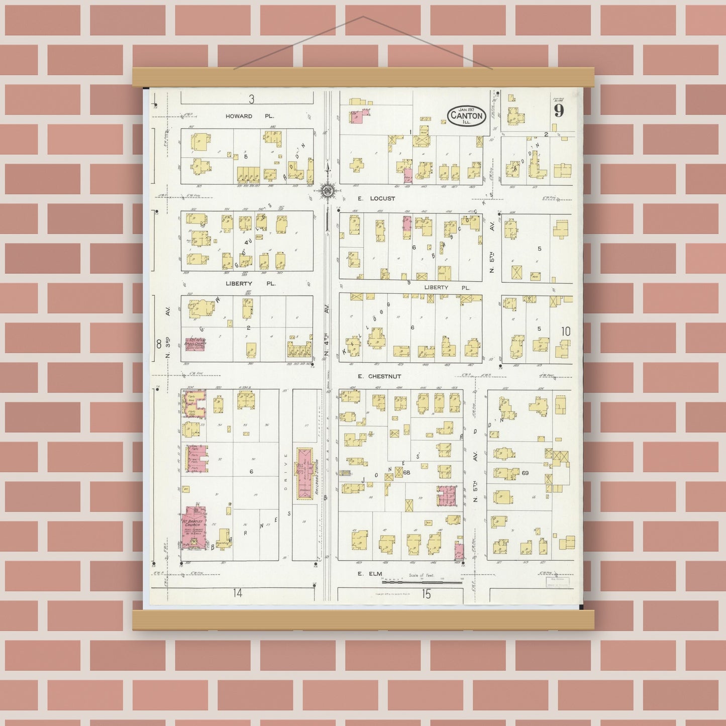 Old map wall art mockup — magnetic wood frame on brick wall — Sanborn Fire Insurance Map from Canton, Fulton County, Illinois (1917), Sheet #0009