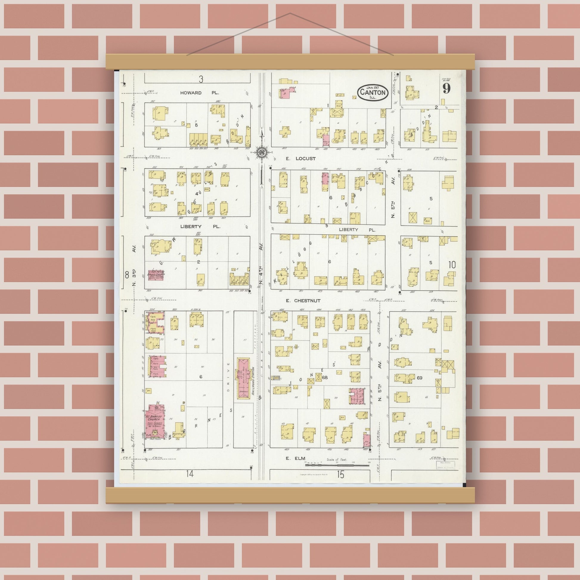 Old map wall art mockup — magnetic wood frame on brick wall — Sanborn Fire Insurance Map from Canton, Fulton County, Illinois (1917), Sheet #0009