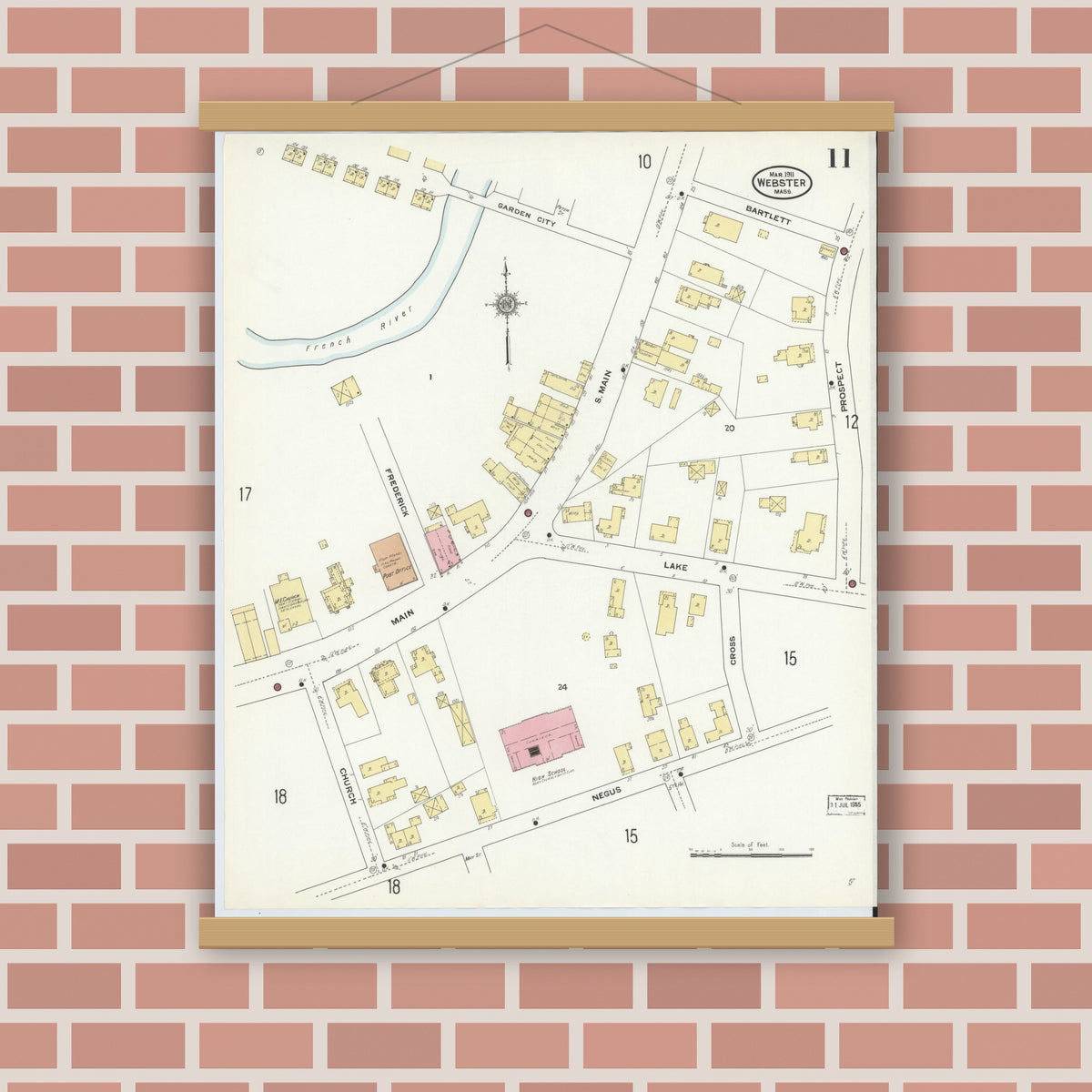 Old map wall art mockup — magnetic wood frame on brick wall — Sanborn Fire Insurance Map from Webster, Worcester County, Massachusetts (1911), Sheet #0011