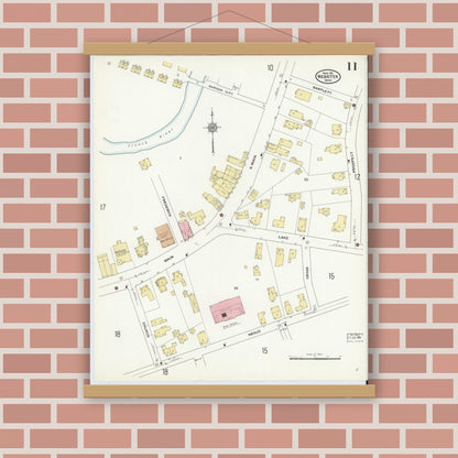 Old map wall art mockup — magnetic wood frame on brick wall — Sanborn Fire Insurance Map from Webster, Worcester County, Massachusetts (1911), Sheet #0011