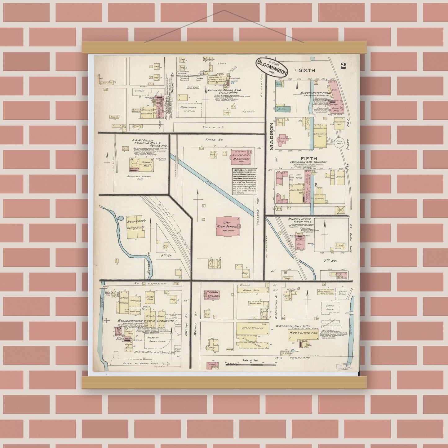 Old map wall art mockup — magnetic wood frame on brick wall — Sanborn Fire Insurance Map from Bloomington, Monroe County, Indiana (1883), Sheet #0002