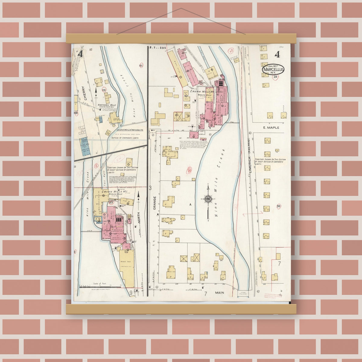 Old map wall art mockup — magnetic wood frame on brick wall — Sanborn Fire Insurance Map from Marcellus, Onondaga County, New York (1937), Sheet #0004