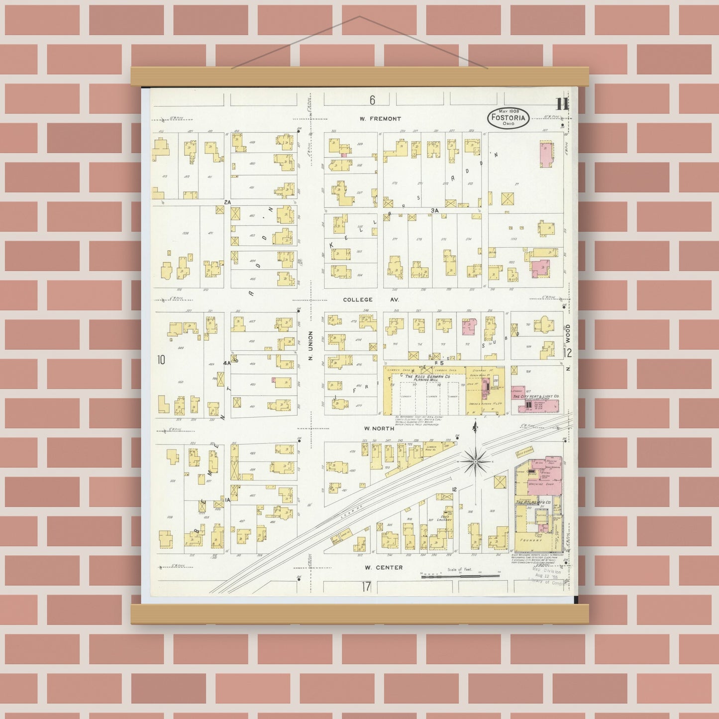Old map wall art mockup — magnetic wood frame on brick wall — Sanborn Fire Insurance Map from Fostoria, Seneca, Hancock, And Wood Counties, Ohio (1908), Sheet #0011