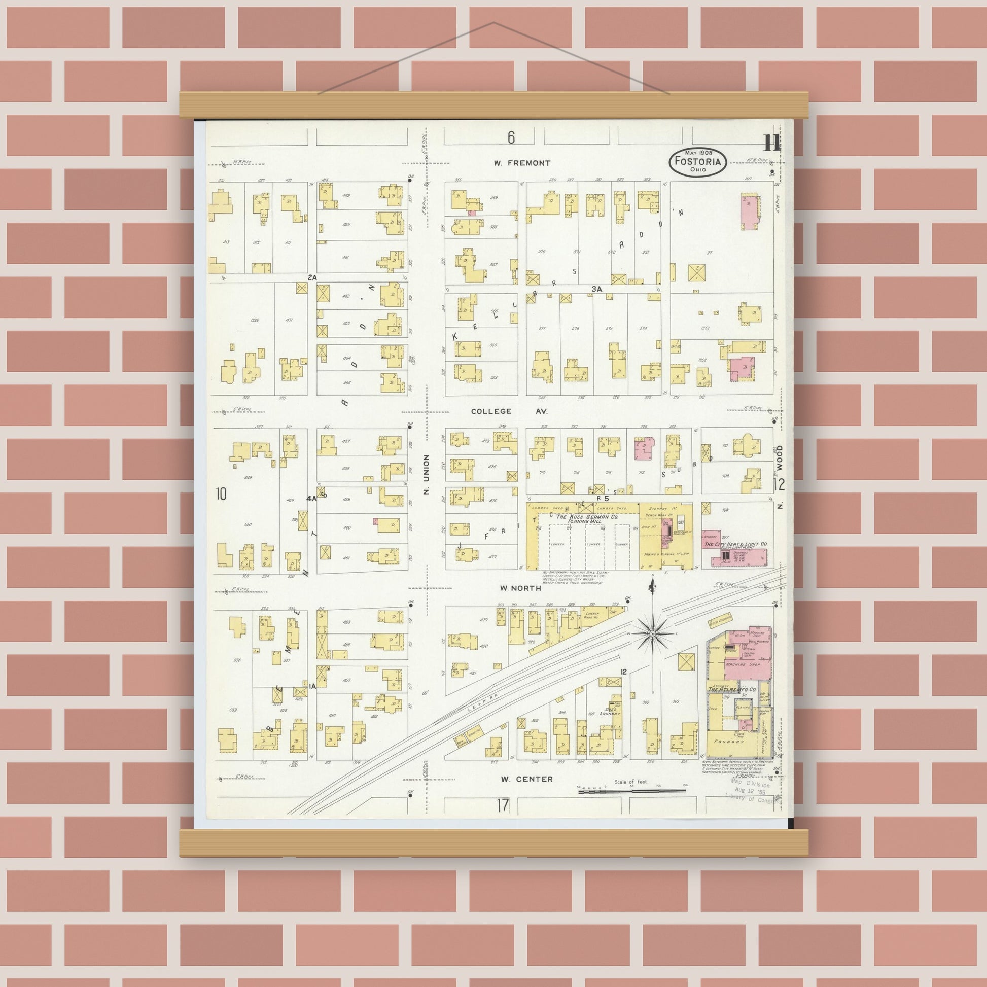 Old map wall art mockup — magnetic wood frame on brick wall — Sanborn Fire Insurance Map from Fostoria, Seneca, Hancock, And Wood Counties, Ohio (1908), Sheet #0011