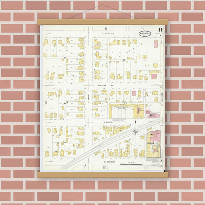 Old map wall art mockup — magnetic wood frame on brick wall — Sanborn Fire Insurance Map from Fostoria, Seneca, Hancock, And Wood Counties, Ohio (1908), Sheet #0011